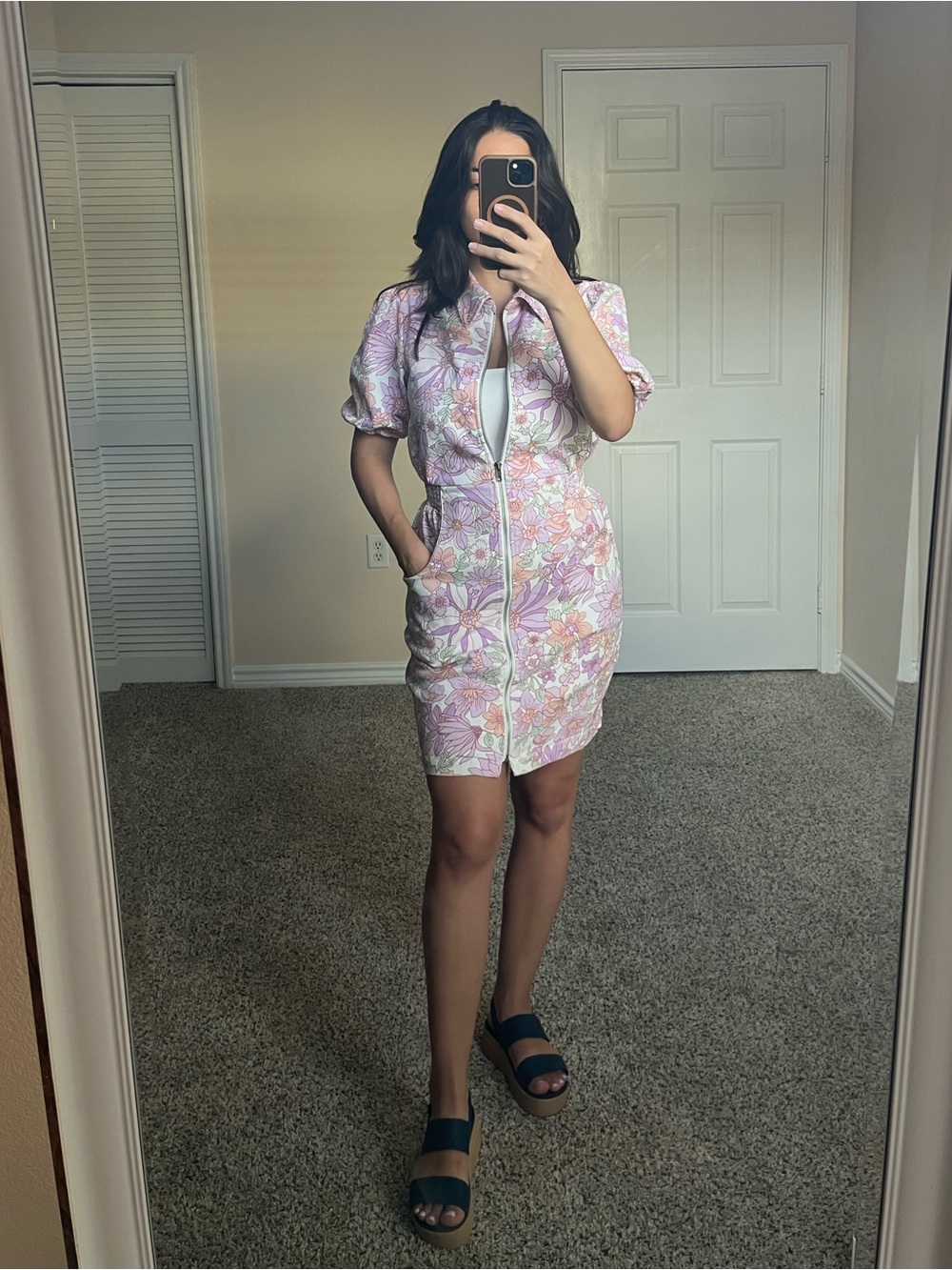 Skies Are Blue Lavender Floral Zip-Front Short Sleeve Dress